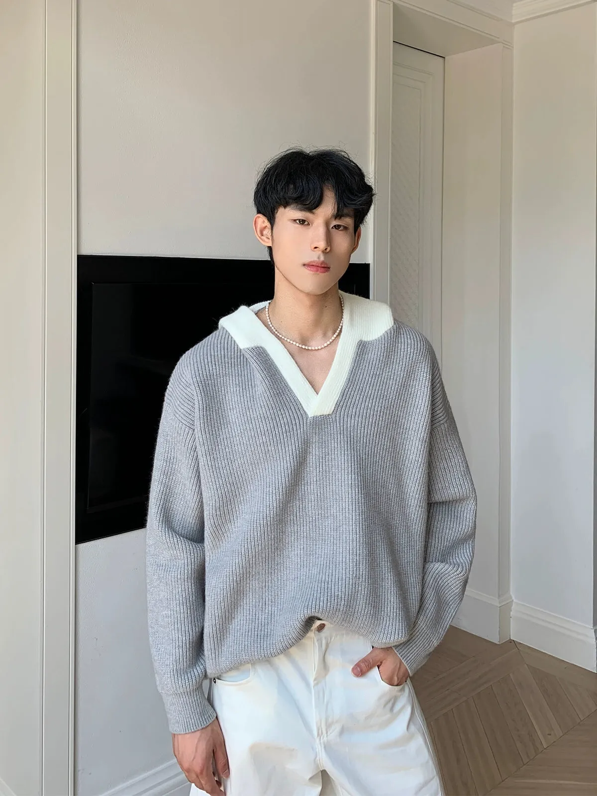V-neck Ribbed Knit Sweater