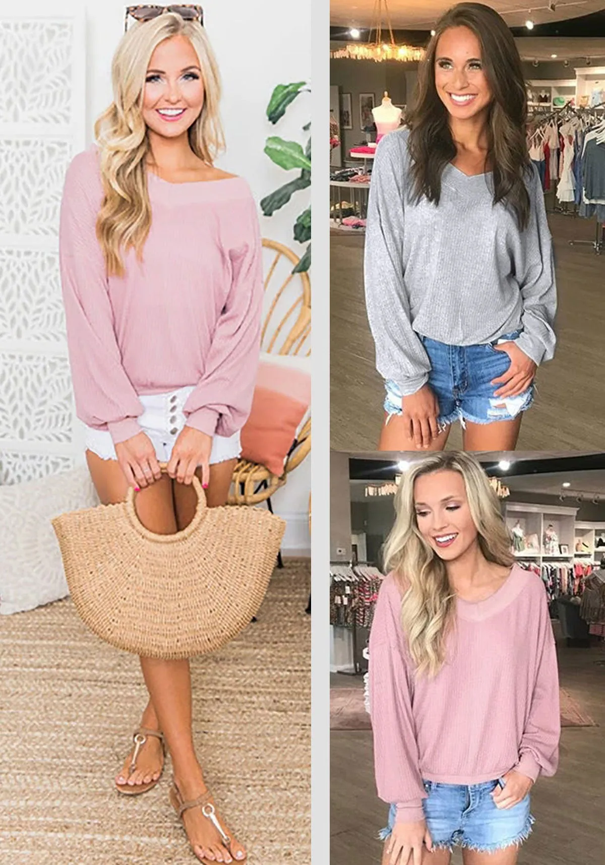 V-neck Waffle Strapless Shoulder Lantern Long Sleeve T-shirt Sweater