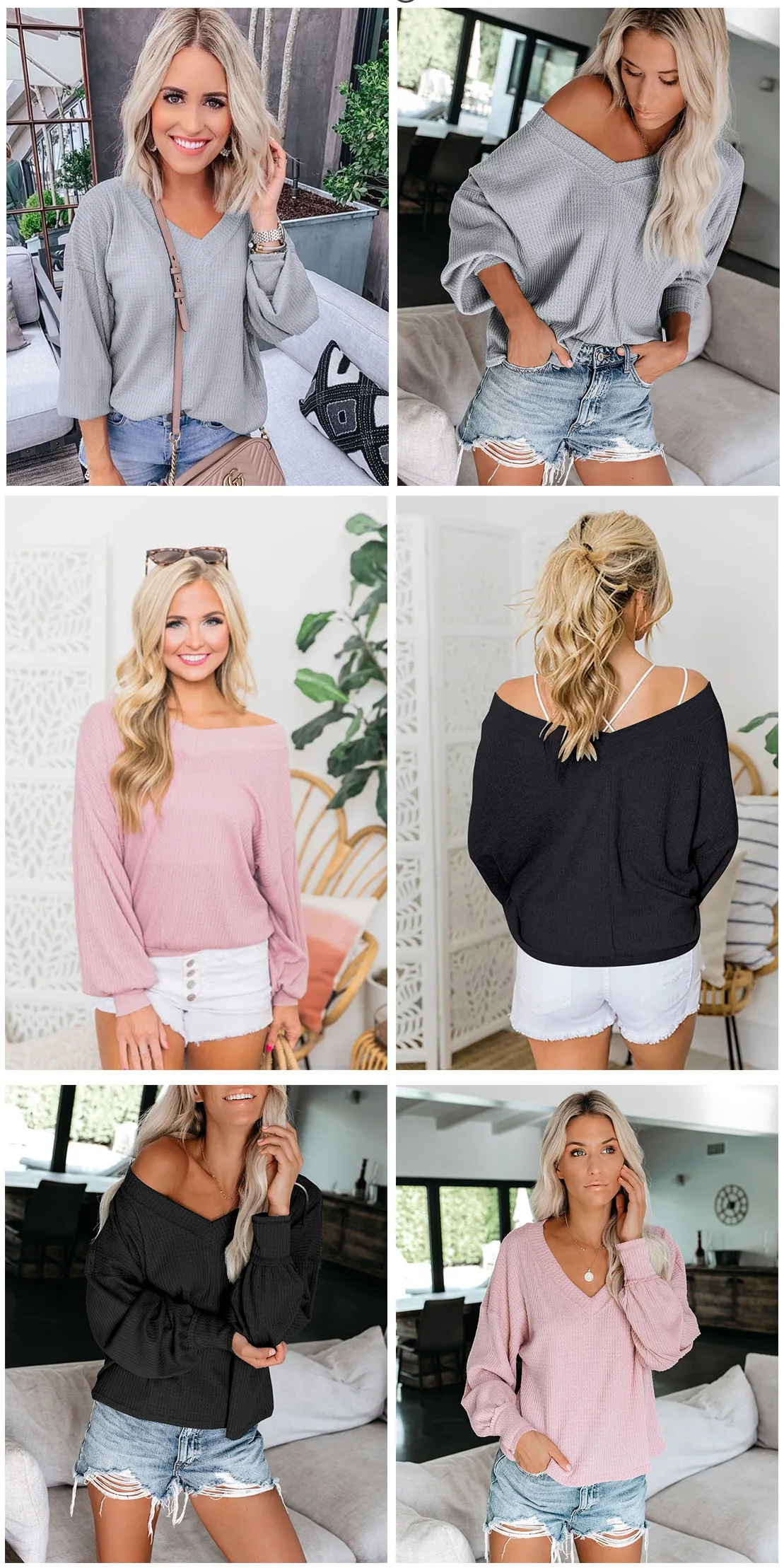 V-neck Waffle Strapless Shoulder Lantern Long Sleeve T-shirt Sweater