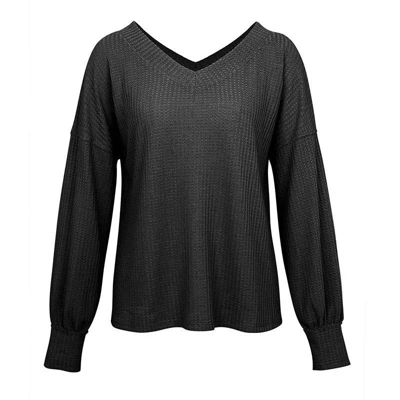 V-neck Waffle Strapless Shoulder Lantern Long Sleeve T-shirt Sweater