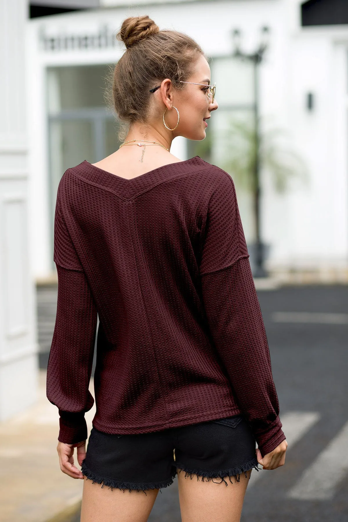 V-neck Waffle Strapless Shoulder Lantern Long Sleeve T-shirt Sweater