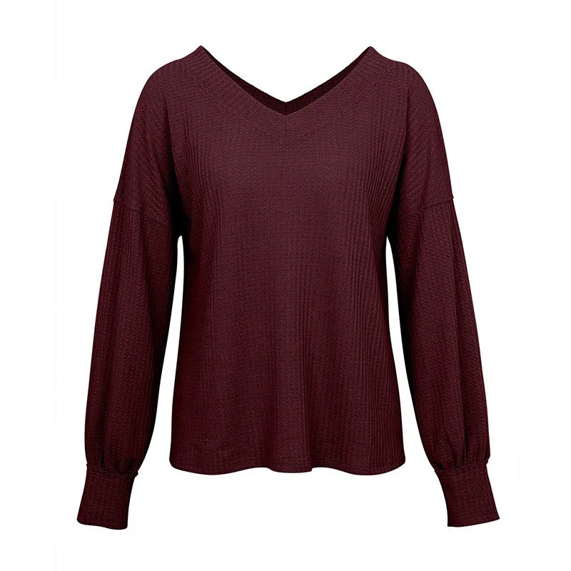 V-neck Waffle Strapless Shoulder Lantern Long Sleeve T-shirt Sweater
