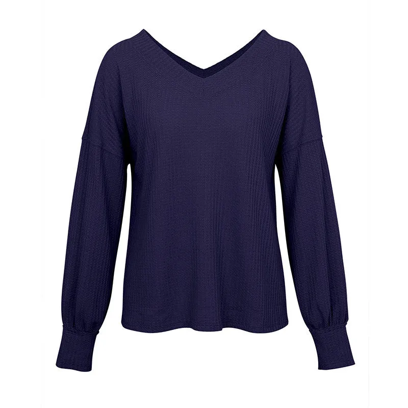 V-neck Waffle Strapless Shoulder Lantern Long Sleeve T-shirt Sweater