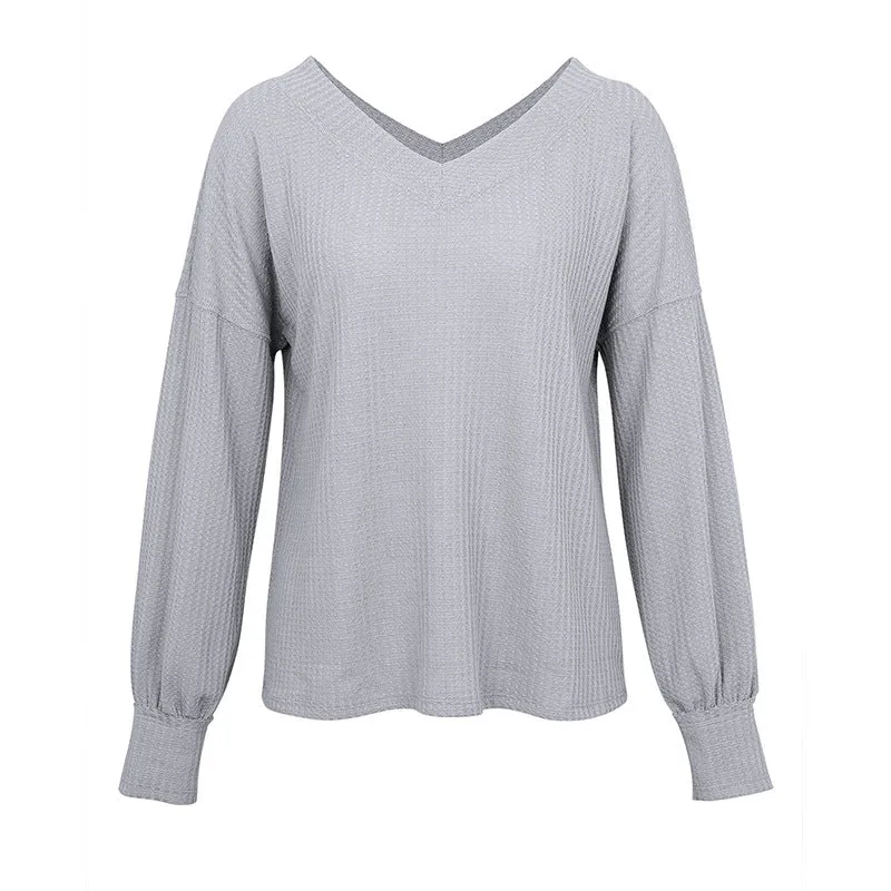 V-neck Waffle Strapless Shoulder Lantern Long Sleeve T-shirt Sweater