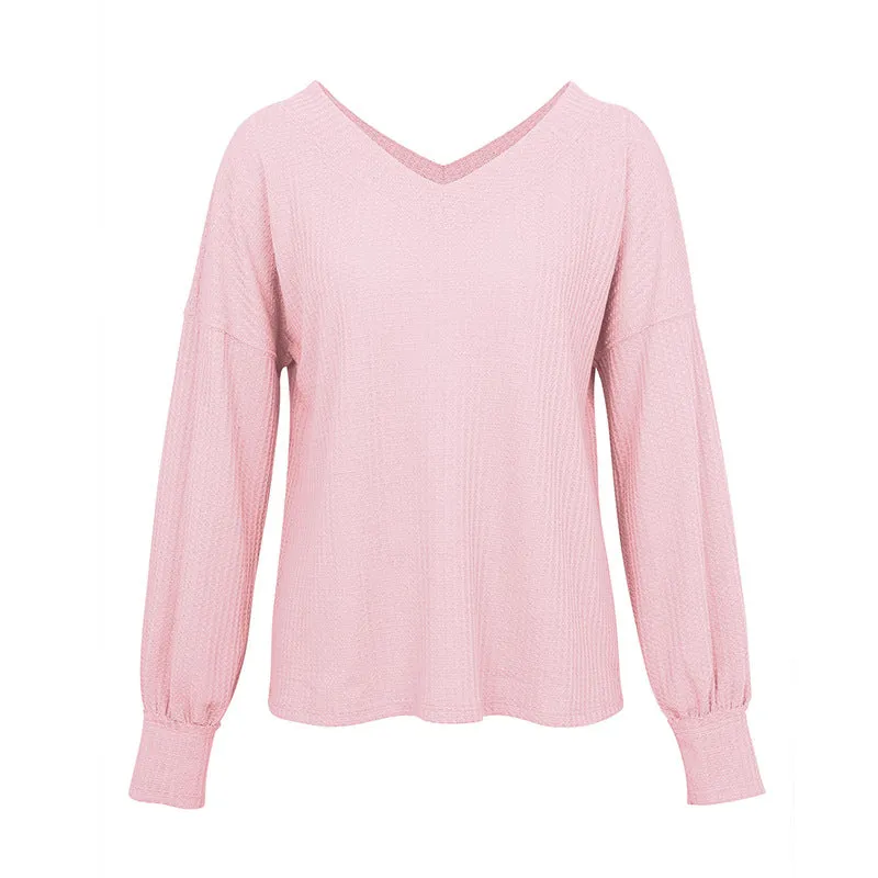 V-neck Waffle Strapless Shoulder Lantern Long Sleeve T-shirt Sweater