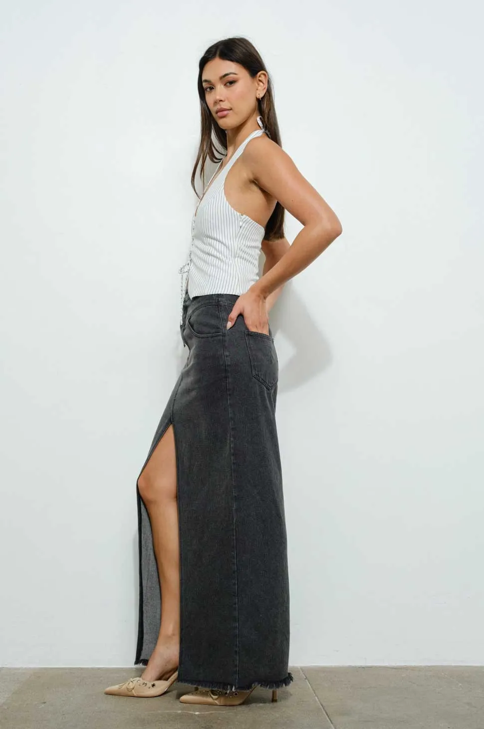 Vintage Wash Denim Split Front Maxi Skirt