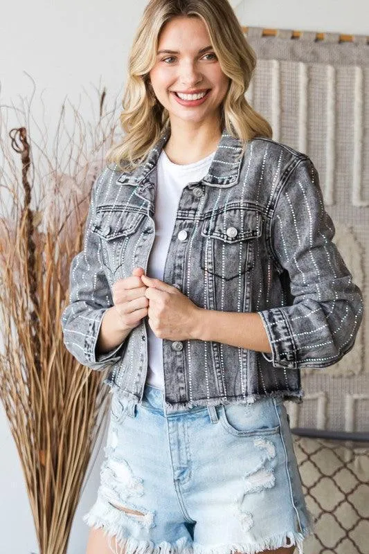 Washed Denim Jacket with Rhinestone