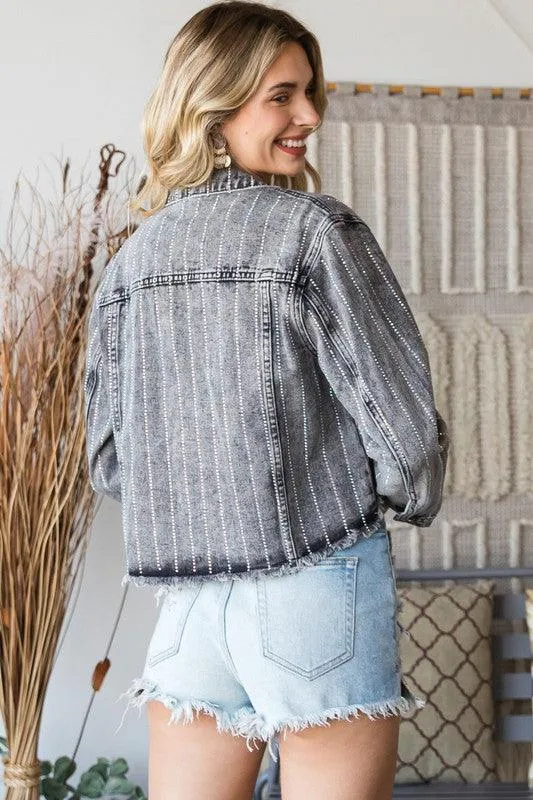 Washed Denim Jacket with Rhinestone