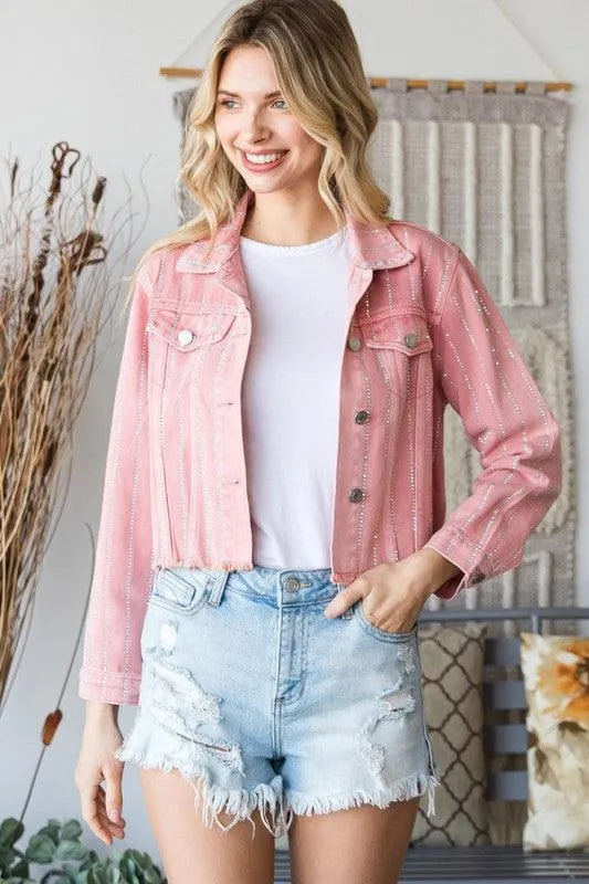 Washed Denim Jacket with Rhinestone