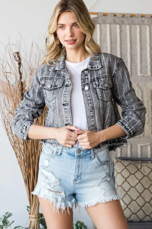 Washed Denim Jacket with Rhinestone