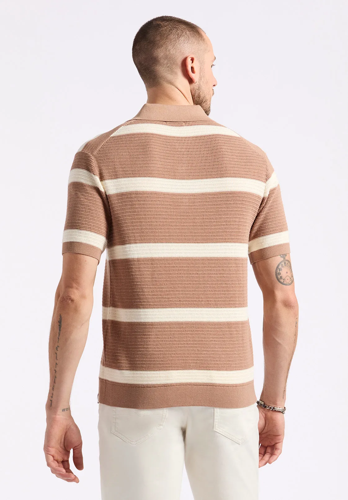 Winder Men's Short-Sleeve Striped Sweater Polo, Woodsmoke Brown - BM24549