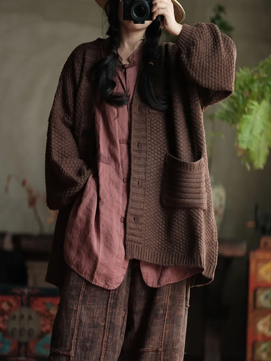 Women Autumn Casual Knit V-Neck Loose Cardigan Sweater