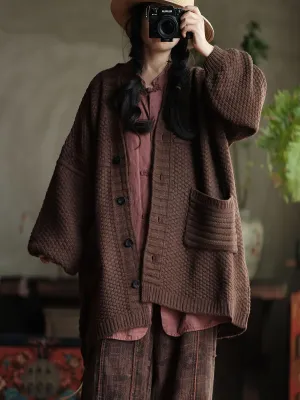 Women Autumn Casual Knit V-Neck Loose Cardigan Sweater