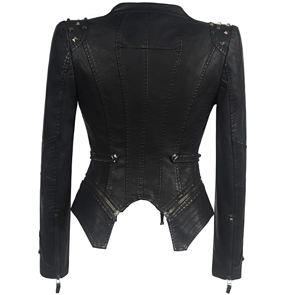 Women Smooth Motorcycle Faux Leather Jackets Long Sleeve