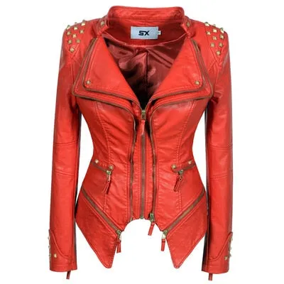 Women Smooth Motorcycle Faux Leather Jackets Long Sleeve