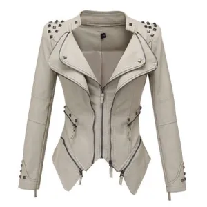 Women Smooth Motorcycle Faux Leather Jackets Long Sleeve
