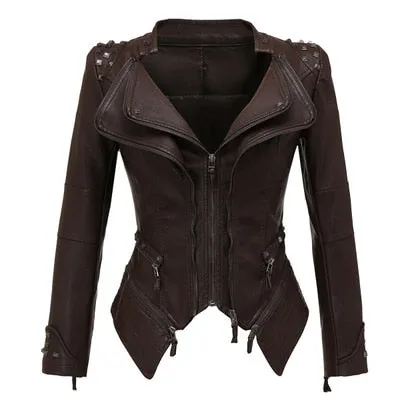 Women Smooth Motorcycle Faux Leather Jackets Long Sleeve