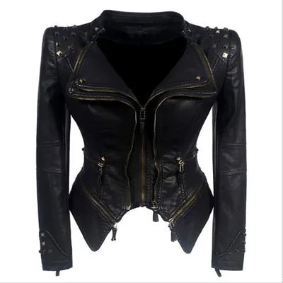 Women Smooth Motorcycle Faux Leather Jackets Long Sleeve