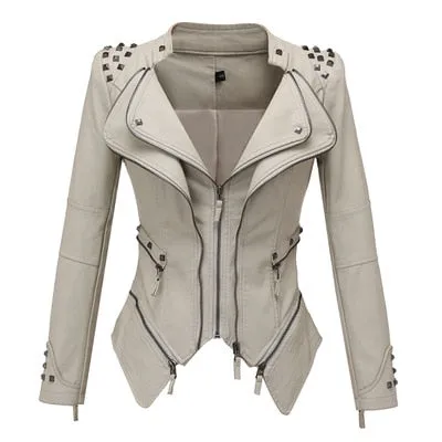Women Smooth Motorcycle Faux Leather Jackets Long Sleeve