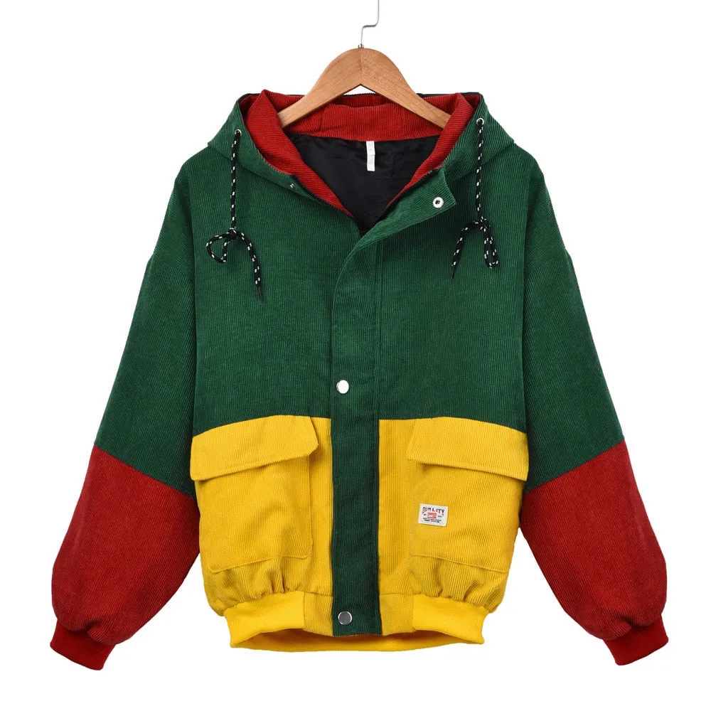 Women Winter Warm Color Block Hooded Corduroy Jacket
