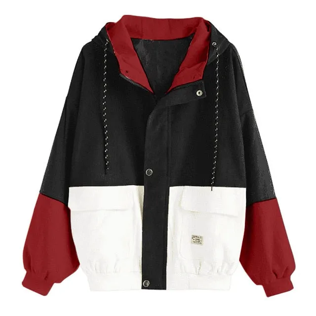 Women Winter Warm Color Block Hooded Corduroy Jacket