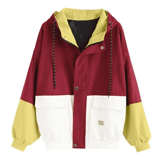 Women Winter Warm Color Block Hooded Corduroy Jacket