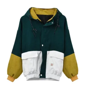Women Winter Warm Color Block Hooded Corduroy Jacket