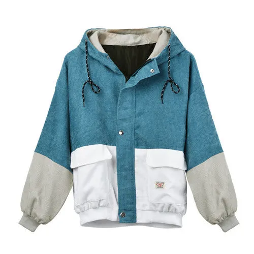Women Winter Warm Color Block Hooded Corduroy Jacket