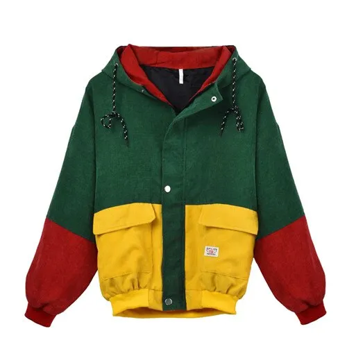 Women Winter Warm Color Block Hooded Corduroy Jacket