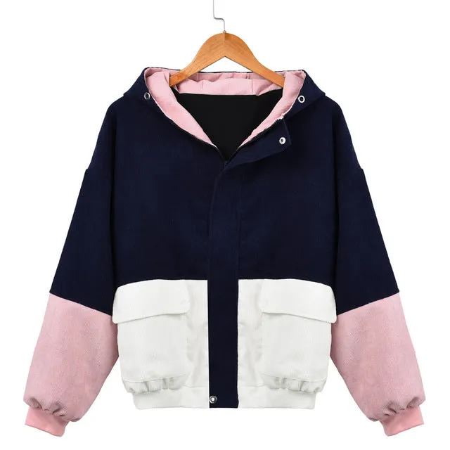 Women Winter Warm Color Block Hooded Corduroy Jacket