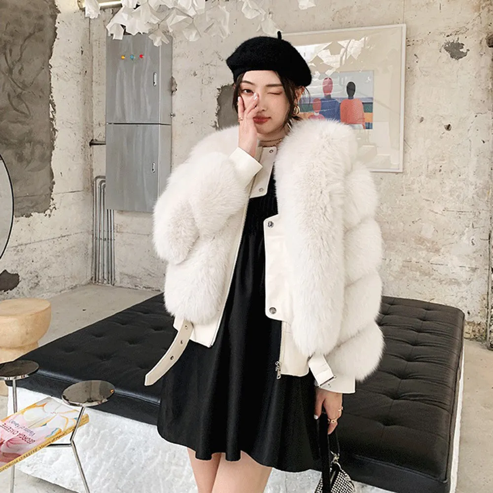 Women Winter Warm Real Fox Fur Coats Sheepskin Leather Jackets