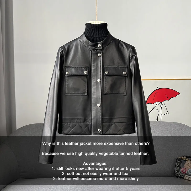 Women's Black Leather Jackets New Spring Autumn Rivet Biker Genuine Sheepskin Coats Fashion Streetwear CL4012