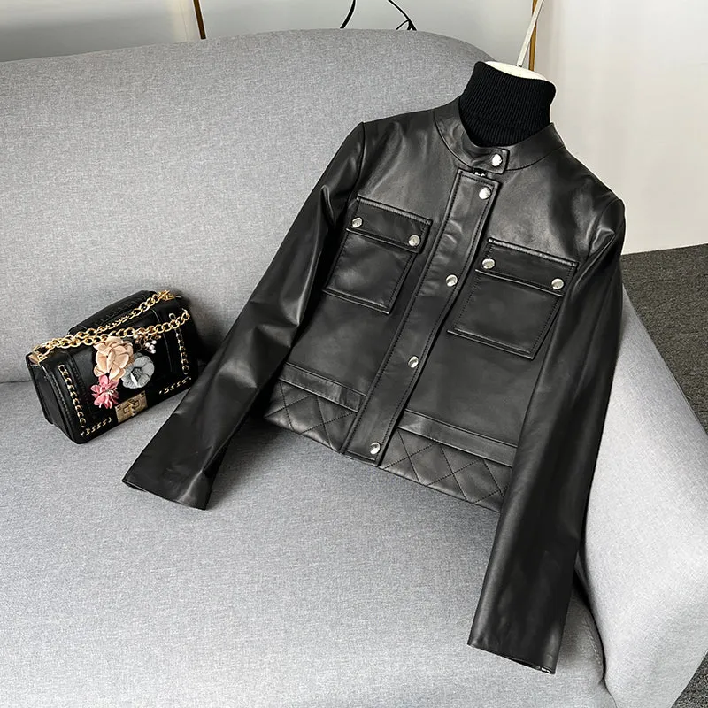 Women's Black Leather Jackets New Spring Autumn Rivet Biker Genuine Sheepskin Coats Fashion Streetwear CL4012