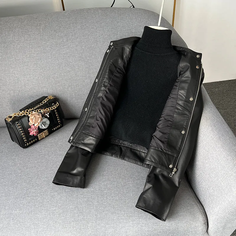 Women's Black Leather Jackets New Spring Autumn Rivet Biker Genuine Sheepskin Coats Fashion Streetwear CL4012