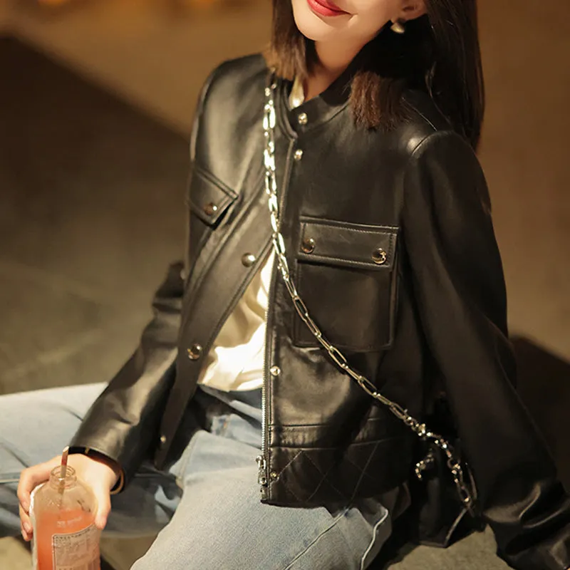 Women's Black Leather Jackets New Spring Autumn Rivet Biker Genuine Sheepskin Coats Fashion Streetwear CL4012