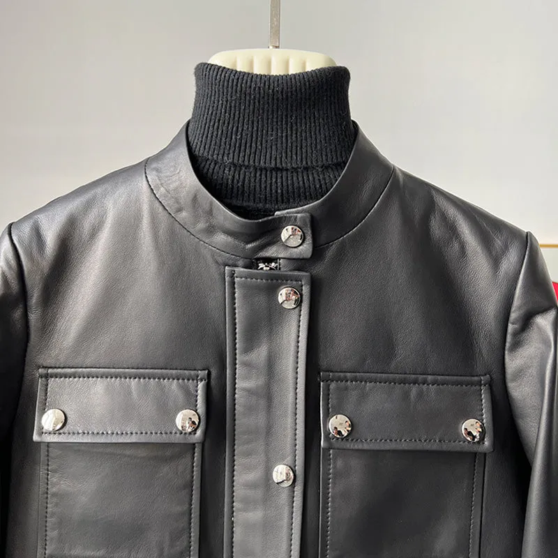 Women's Black Leather Jackets New Spring Autumn Rivet Biker Genuine Sheepskin Coats Fashion Streetwear CL4012