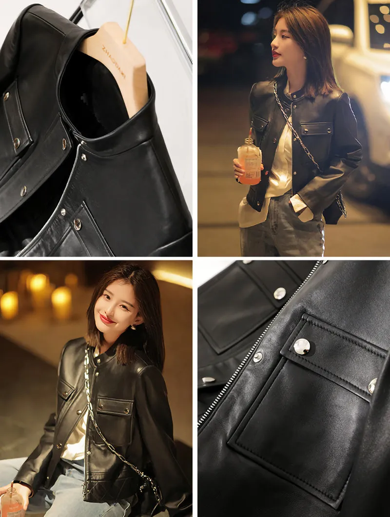 Women's Black Leather Jackets New Spring Autumn Rivet Biker Genuine Sheepskin Coats Fashion Streetwear CL4012