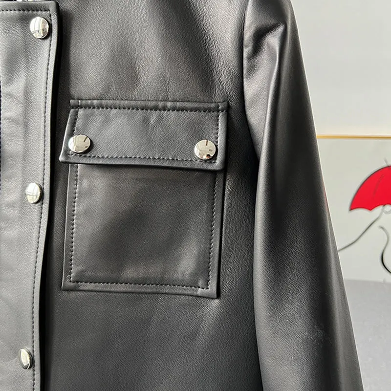Women's Black Leather Jackets New Spring Autumn Rivet Biker Genuine Sheepskin Coats Fashion Streetwear CL4012