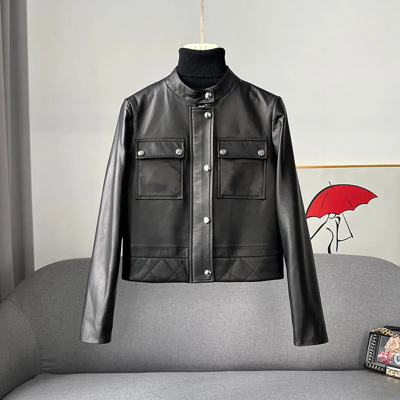 Women's Black Leather Jackets New Spring Autumn Rivet Biker Genuine Sheepskin Coats Fashion Streetwear CL4012
