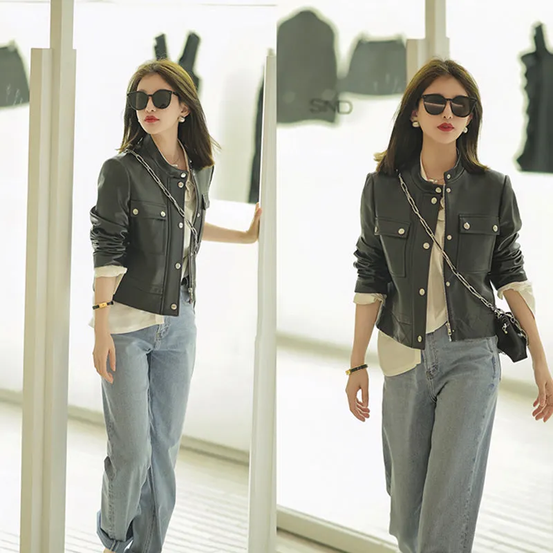 Women's Black Leather Jackets New Spring Autumn Rivet Biker Genuine Sheepskin Coats Fashion Streetwear CL4012