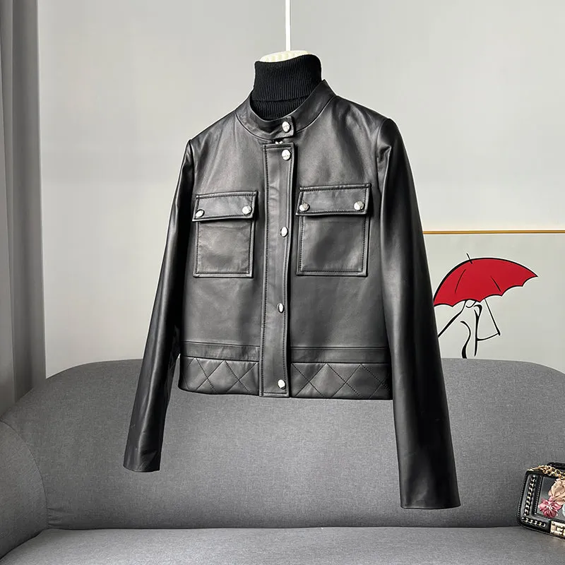 Women's Black Leather Jackets New Spring Autumn Rivet Biker Genuine Sheepskin Coats Fashion Streetwear CL4012
