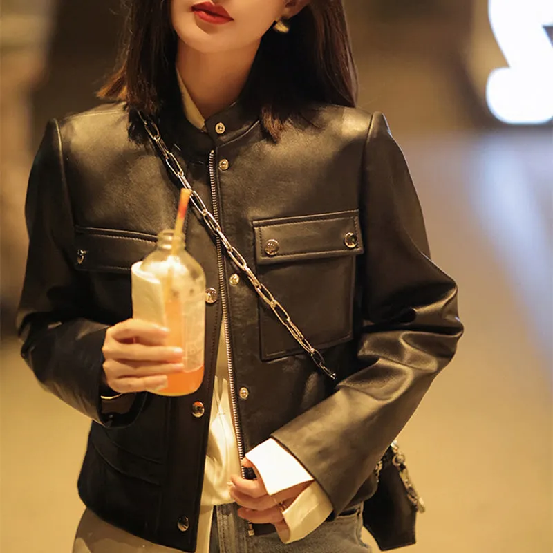 Women's Black Leather Jackets New Spring Autumn Rivet Biker Genuine Sheepskin Coats Fashion Streetwear CL4012