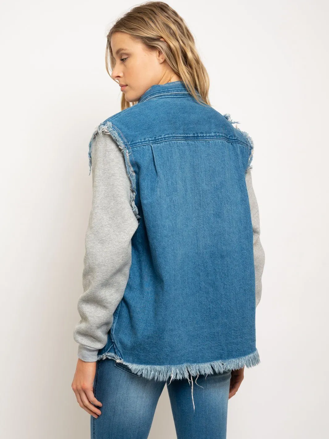 WOMEN'S DISTRESSED CONTRAST SLEEVES JACKET