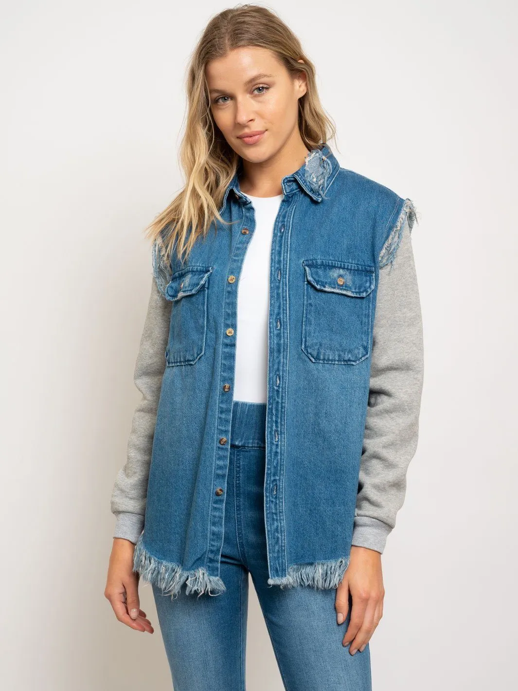 WOMEN'S DISTRESSED CONTRAST SLEEVES JACKET