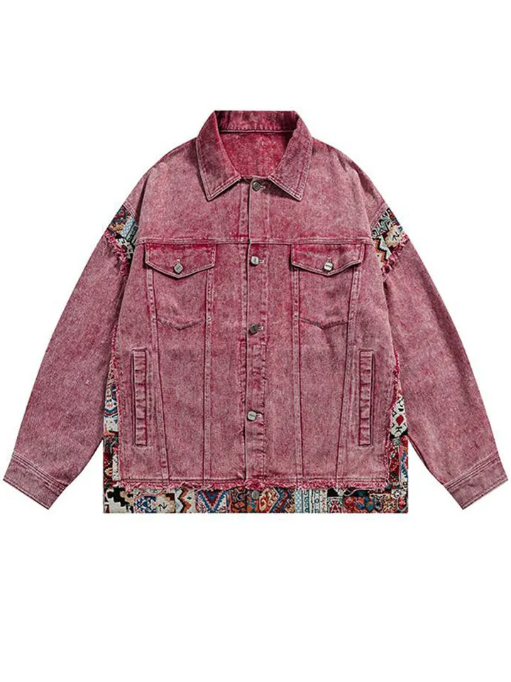 Women's Ethnic Patchwork Chest Pockets Button Up Denim Jacket