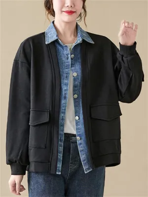 Women's Fake Two Pieces Denim Splicing Lapel Button Baseball Jacket