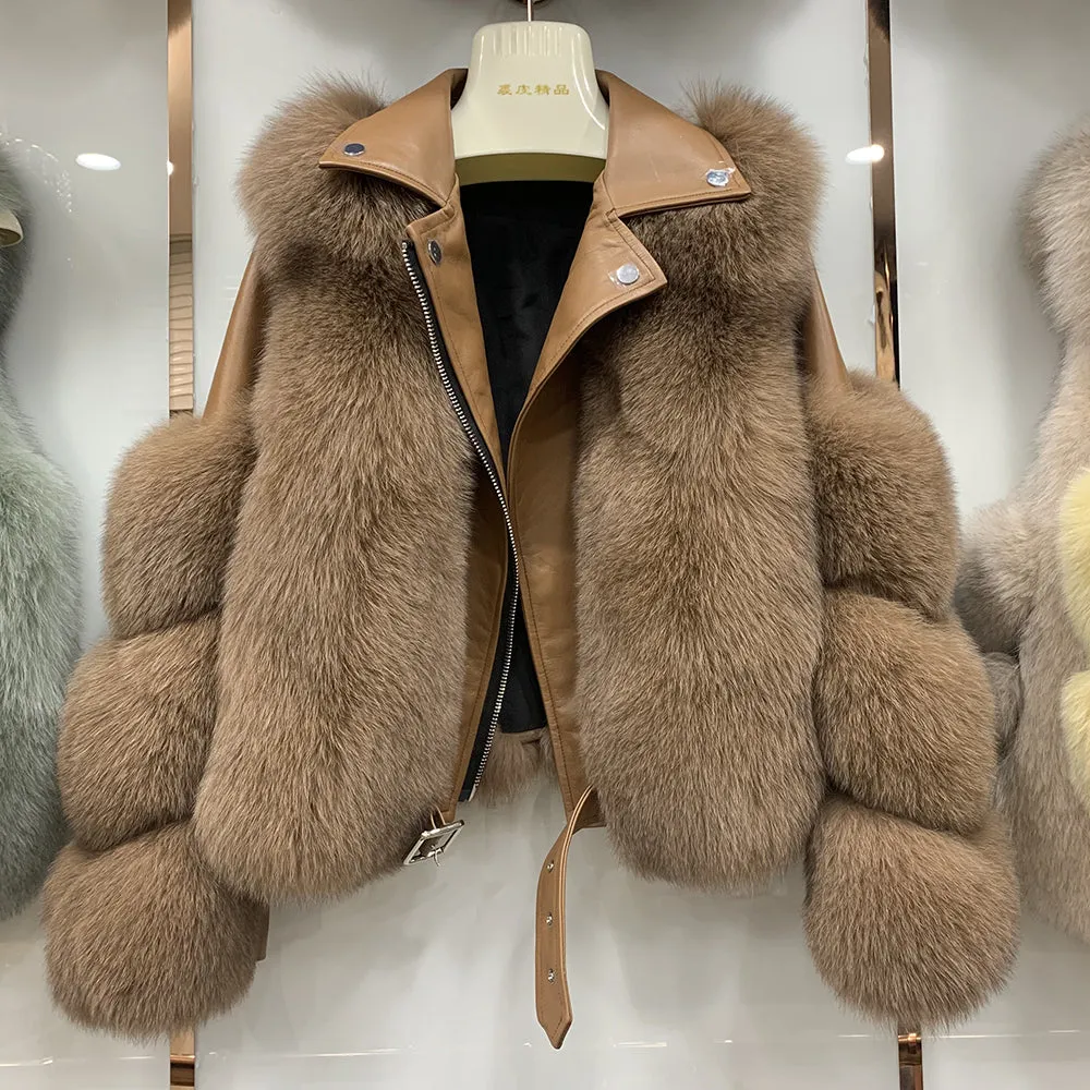 Women's Fashion Real Fox Fur Coat with Sheepskin Leather Short Jackets
