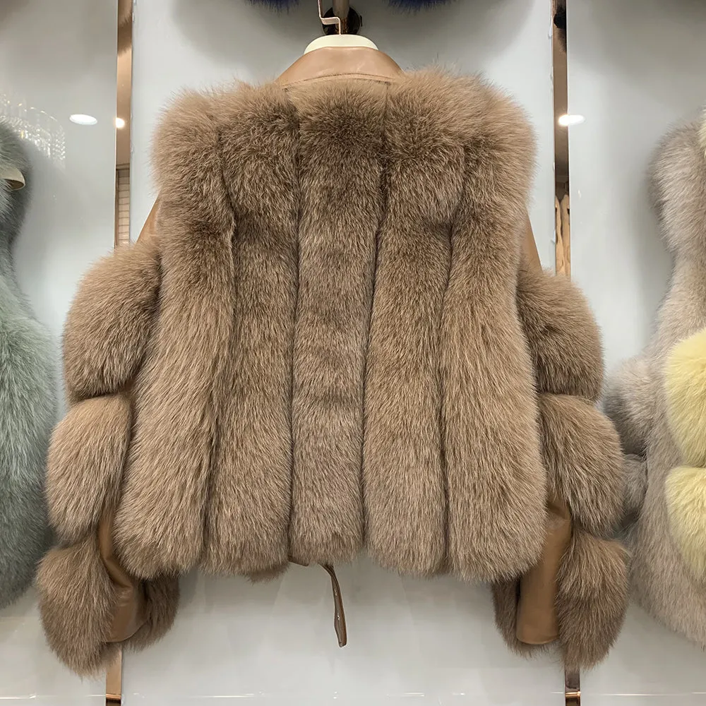 Women's Fashion Real Fox Fur Coat with Sheepskin Leather Short Jackets