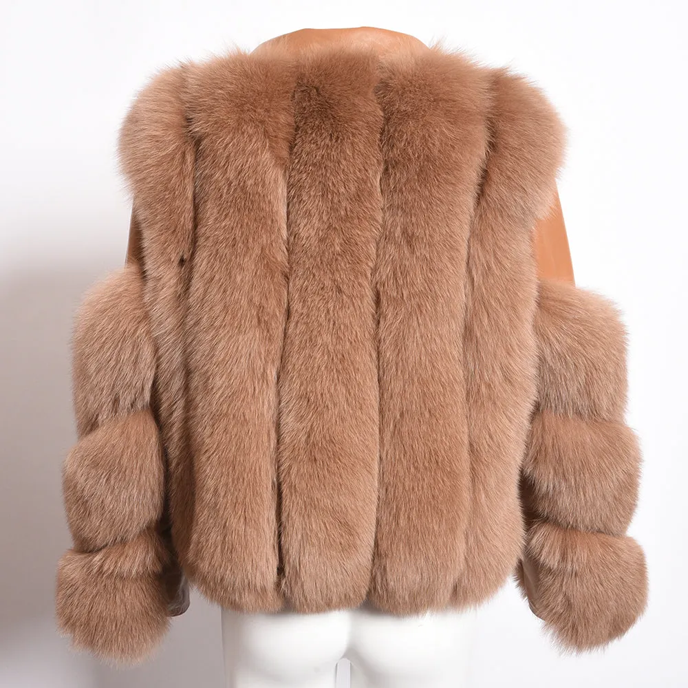 Women's Fashion Real Fox Fur Coat with Sheepskin Leather Short Jackets