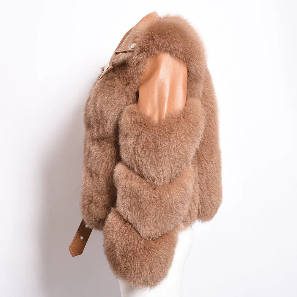 Women's Fashion Real Fox Fur Coat with Sheepskin Leather Short Jackets
